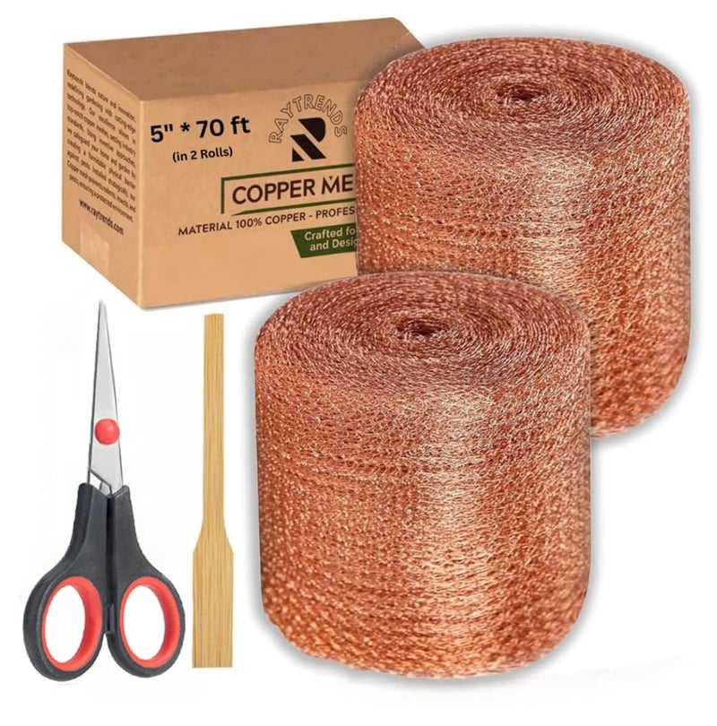 RAYTRENDS 3rd Gen Copper Mesh Rodent Control Kit - 100% Premium & Pure Copper Wool for Slug, Pest, Snail, Mice & Rat Control - Offers 2 Copper Mesh Rolls with Scissors and Packing Tool - Image 1